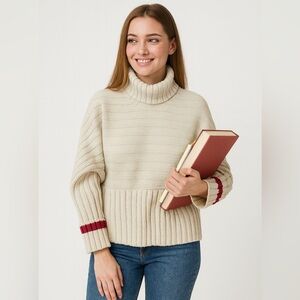 Academic Knit Turtleneck Sweater, Cropped. Cream/Red Stripe, Preppy, Old Money S